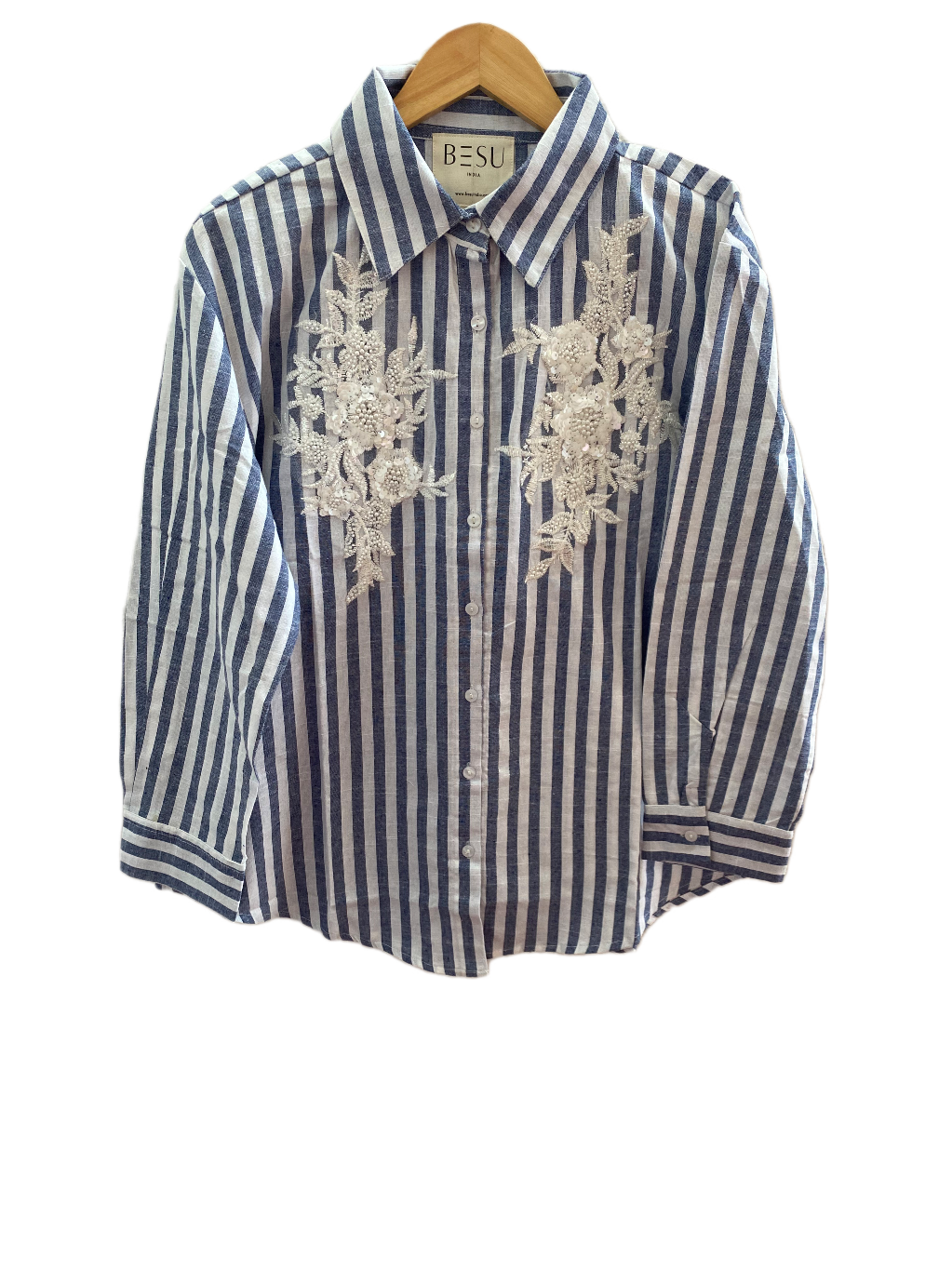 BLUE AND WHITE STRIPED SHIRT WITH SEQUINS HAND EMBROIDERY BESU INDIA