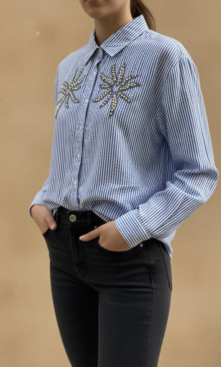 BLUE STRIPED SHIRT WITH HAND EMBELLISHMENTS COTTON SHIRT BESU INDIA