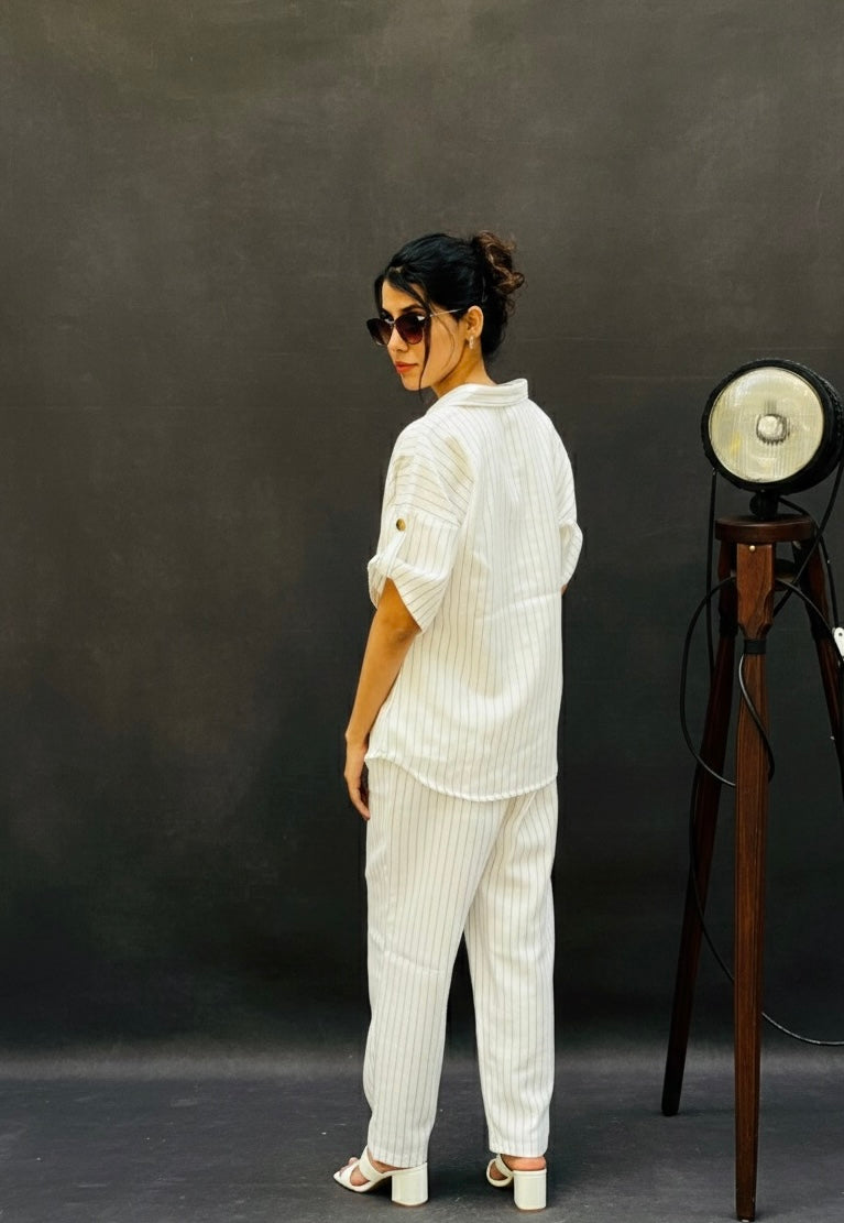 BLACK ON WHITE STRIPED LINEN CO-ORD BESU INDIA