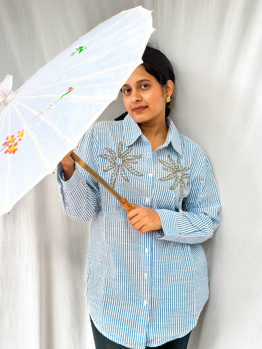 BLUE STRIPED SHIRT WITH HAND EMBELLISHMENTS COTTON SHIRT BESU INDIA
