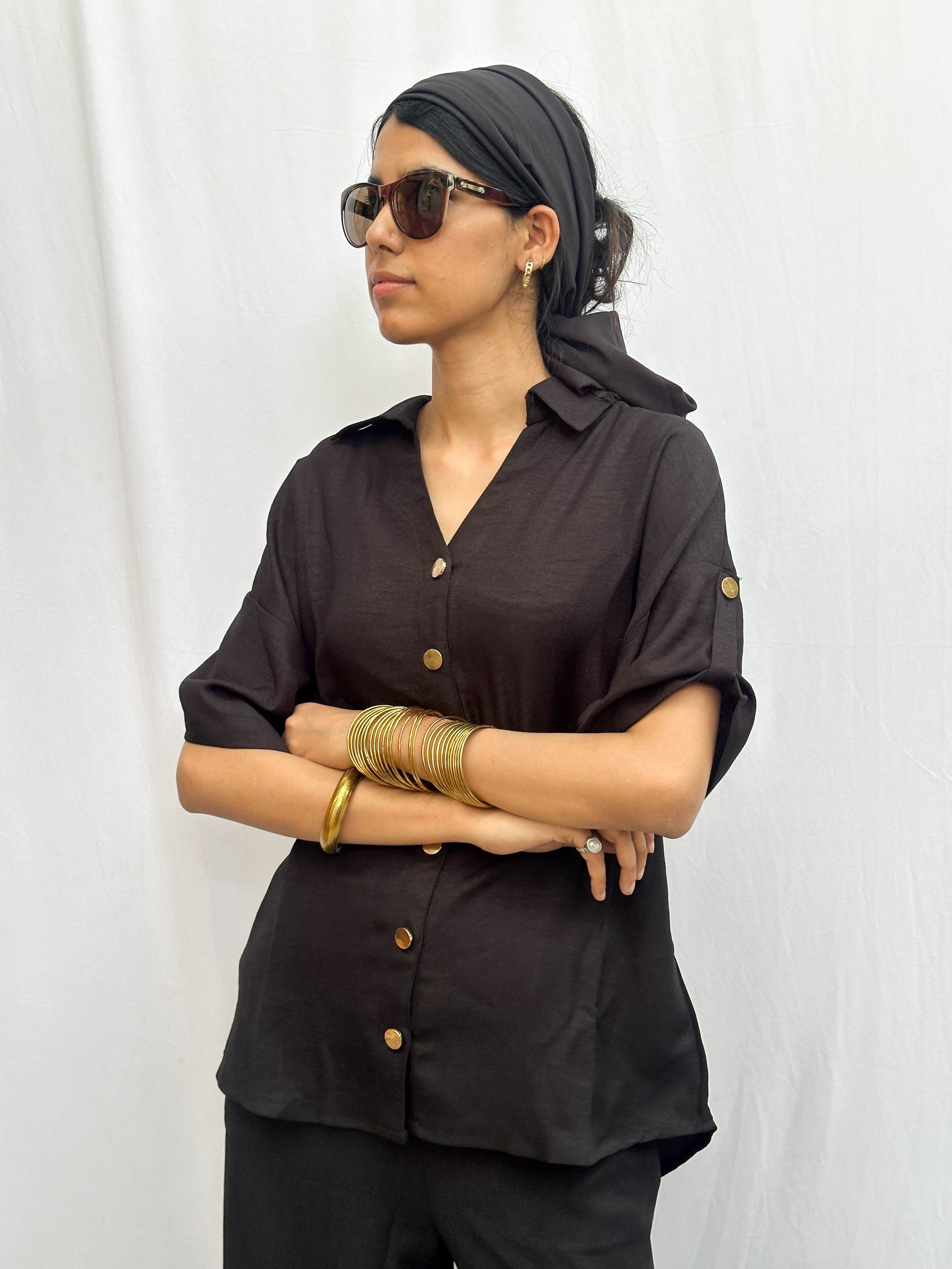 Black Cotton Co-Ord with Signature Gold Buttons BESU INDIA