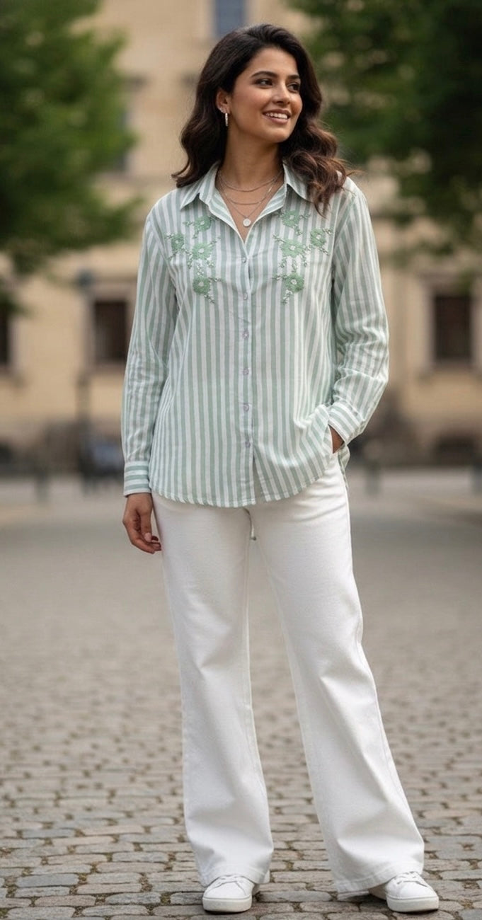MINT GREEN STRIPED SHIRT WITH FLORAL EMBROIDERY BESU INDIA