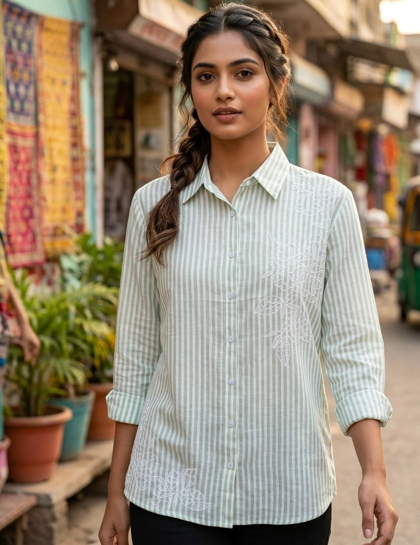PASTEL GREEN STRIPED SHIRT WITH WHITE EMBROIDERY BESU INDIA