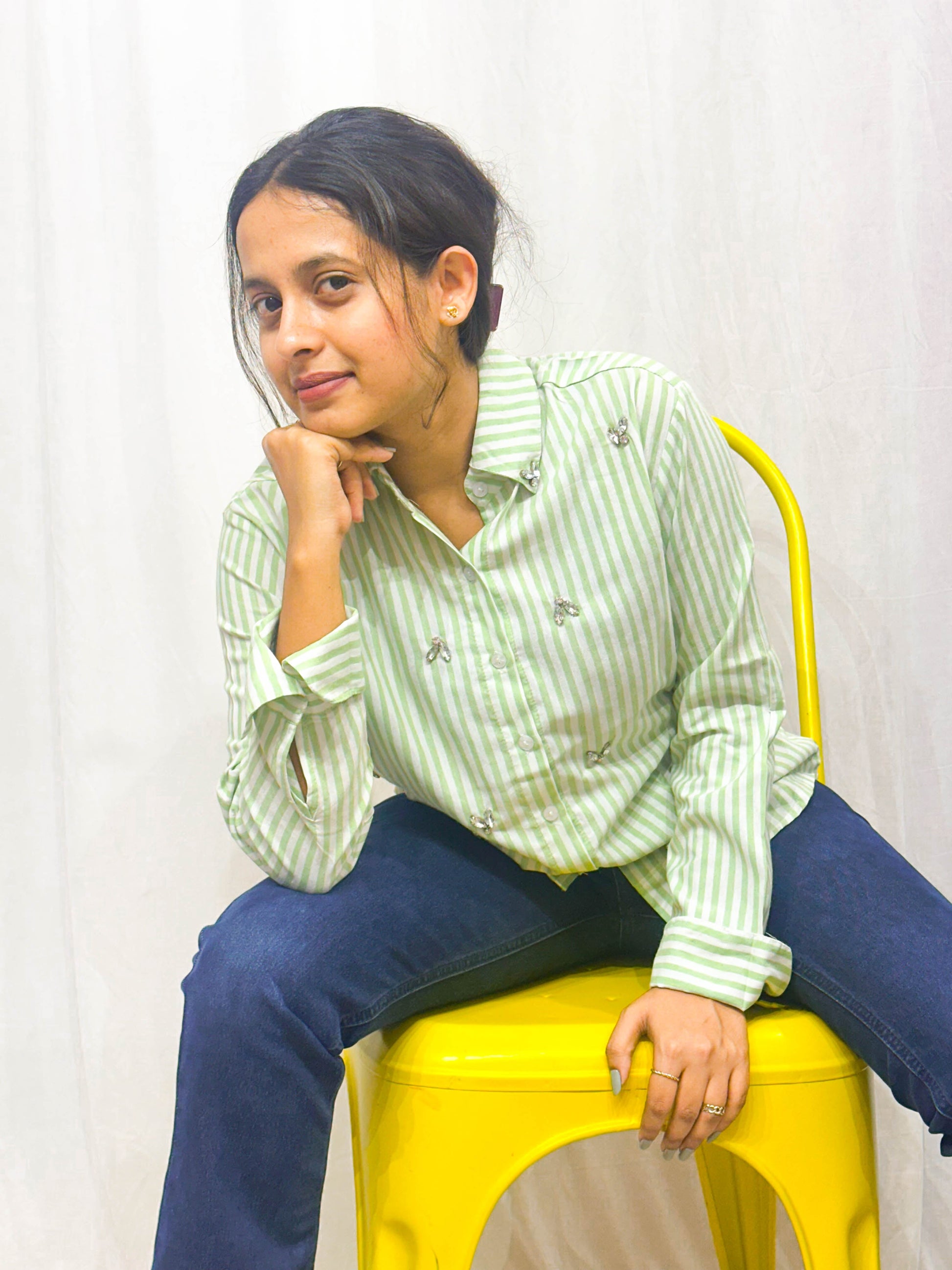 LIGHT GREEN STRIPED EMBELLISHED COTTON SHIRT BESU INDIA