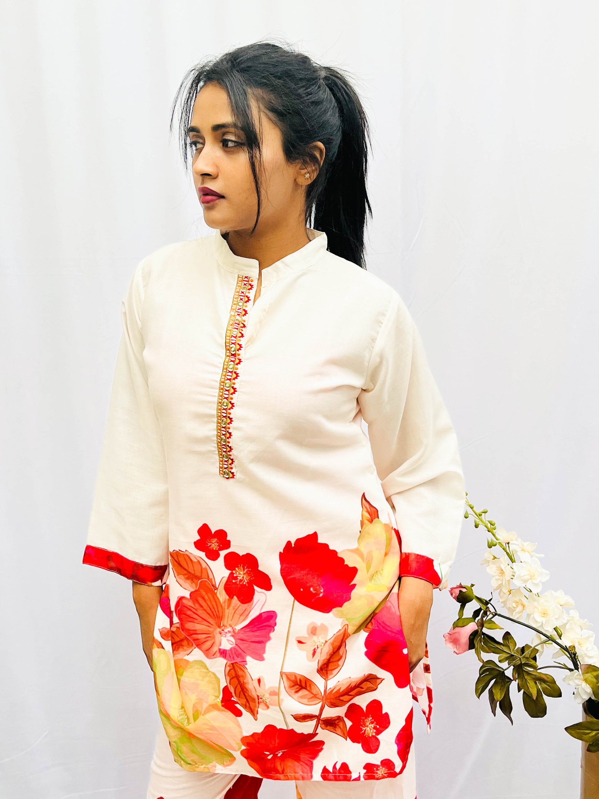 FLORAL PRINT CHINESE COLLAR COTTON KURTA SET BESU INDIA