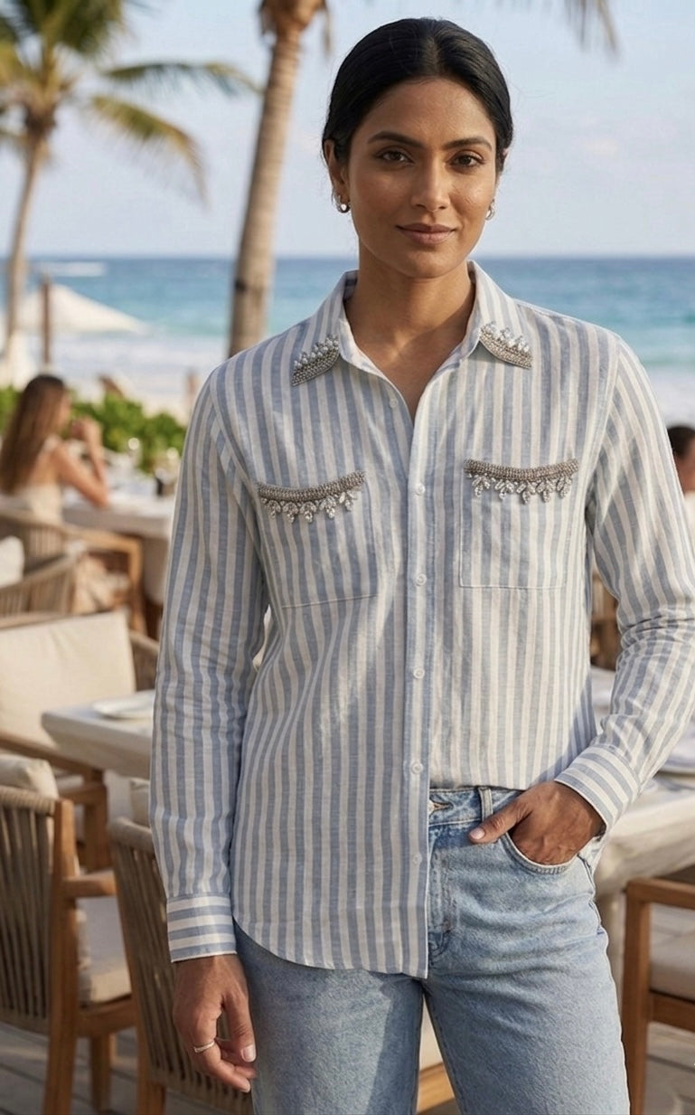 BLUE AND WHITE STRIPED SHIRT WITH EMBELLISHMENTS BESU INDIA
