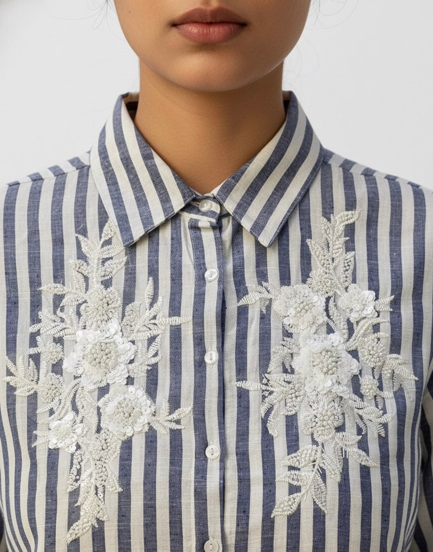 BLUE AND WHITE STRIPED SHIRT WITH SEQUINS HAND EMBROIDERY BESU INDIA