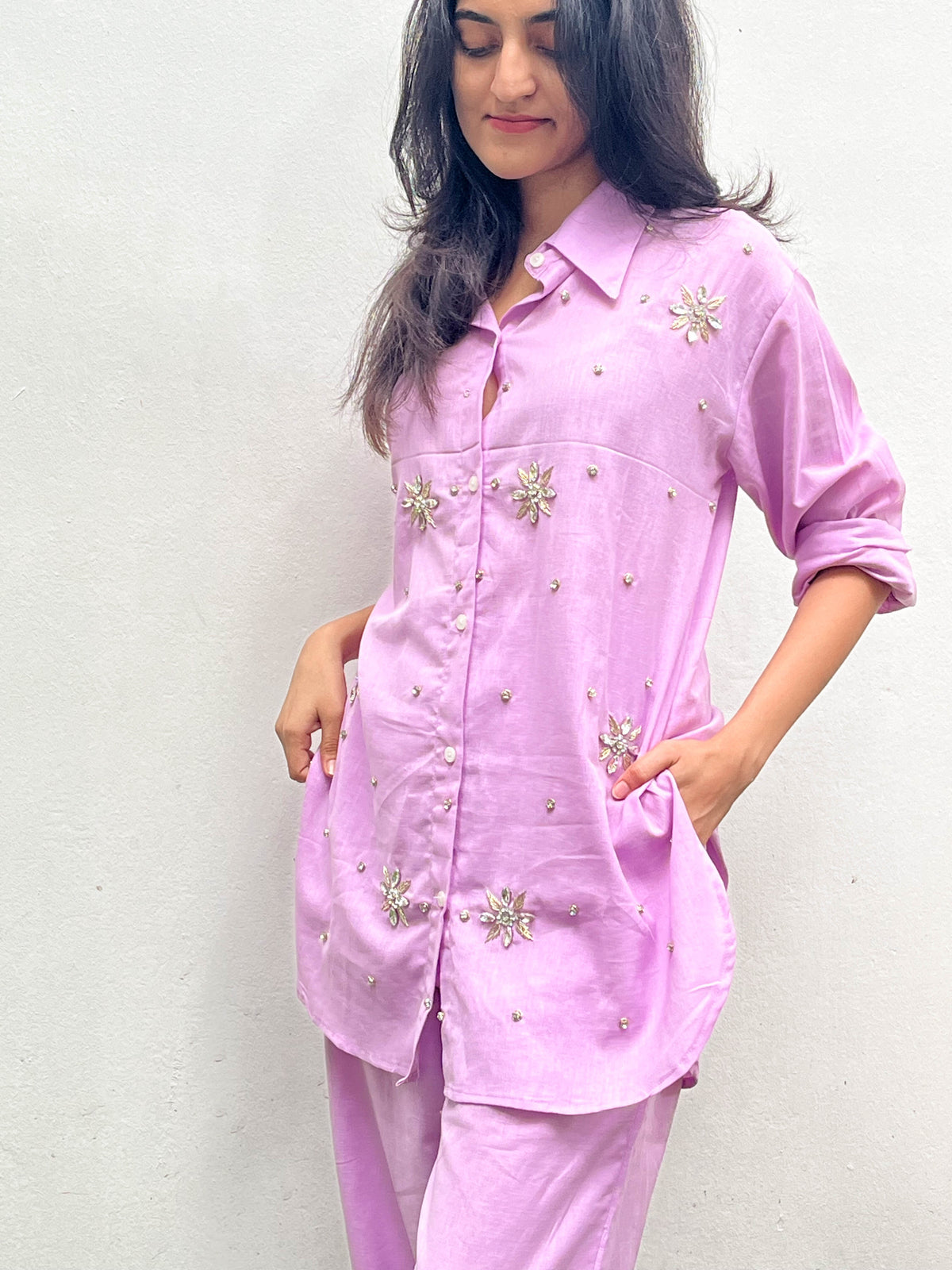 LAVENDER STONE EMBELLISHED LINEN CO-ORD SET BESU INDIA