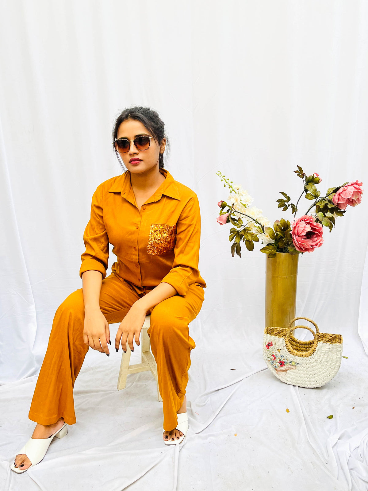 MUSTARD SEQUINS POCKET CO-ORD SET BESU INDIA
