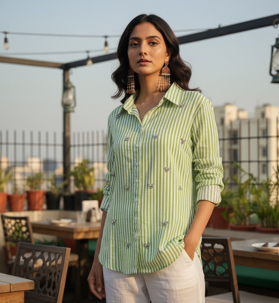 LIGHT GREEN STRIPED EMBELLISHED COTTON SHIRT BESU INDIA