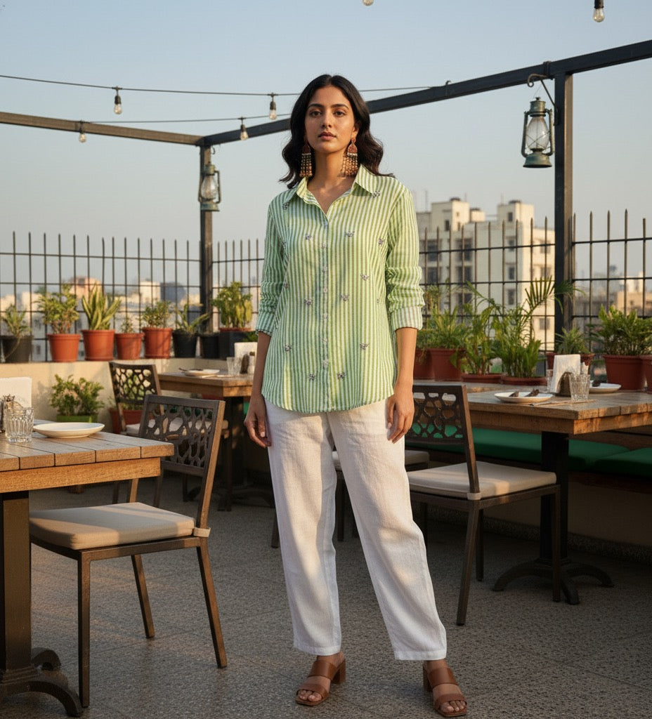 LIGHT GREEN STRIPED EMBELLISHED COTTON SHIRT BESU INDIA