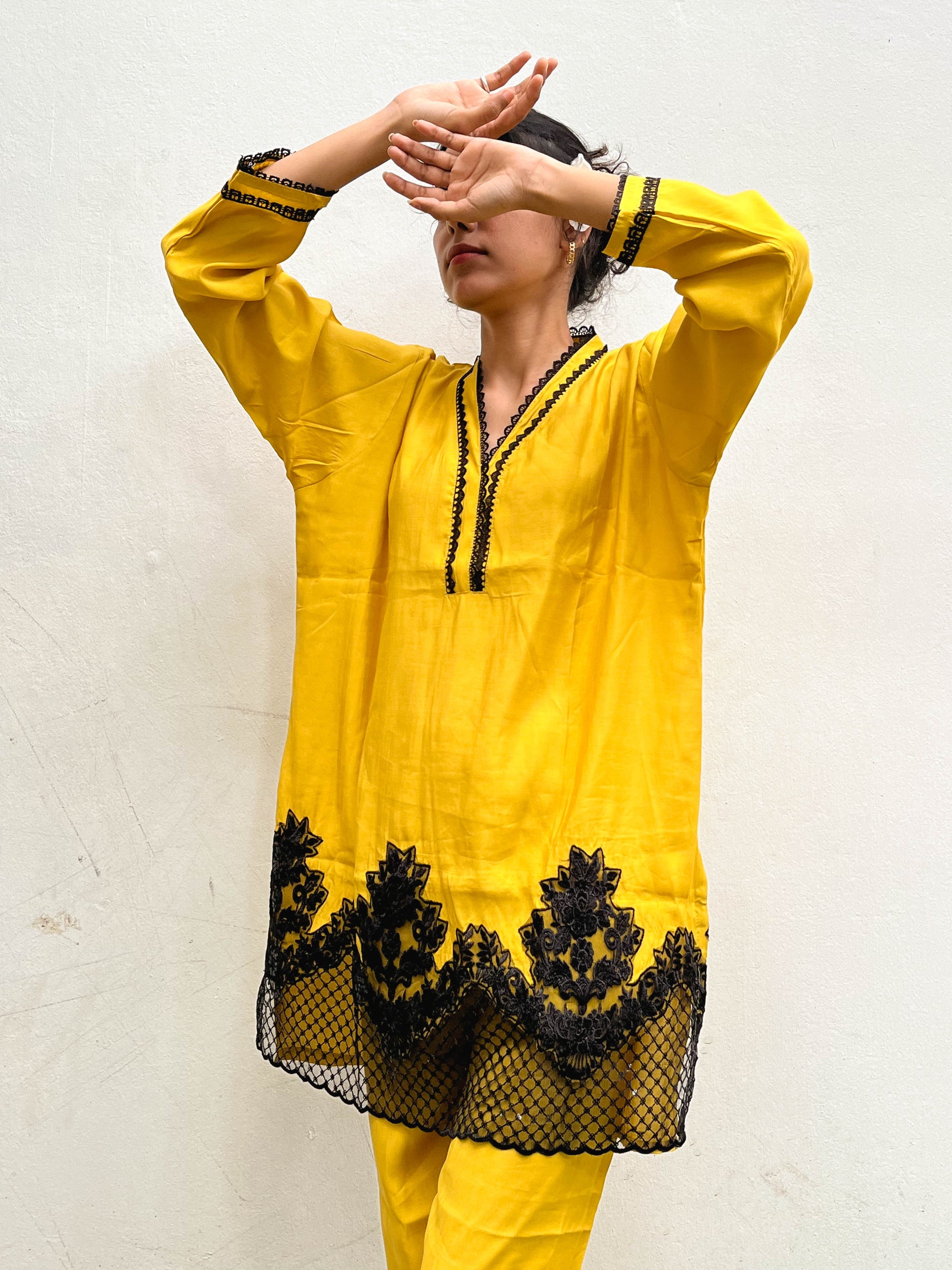MUSTARD LACE APPLIQUÉ PATCH WORK KURTA SET BESU INDIA
