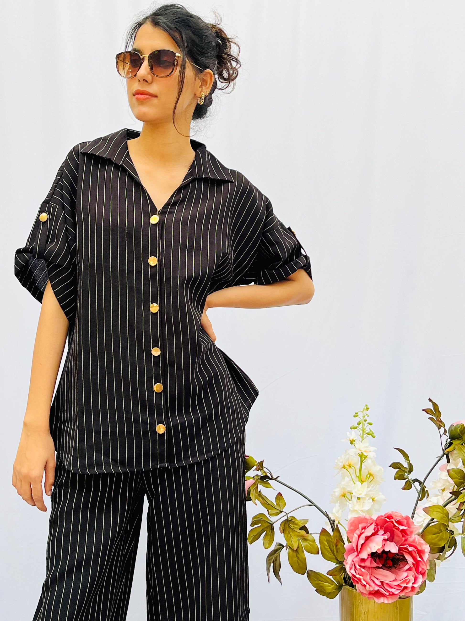 WHITE STRIPES ON BLACK LINEN CO-ORDS BESU INDIA