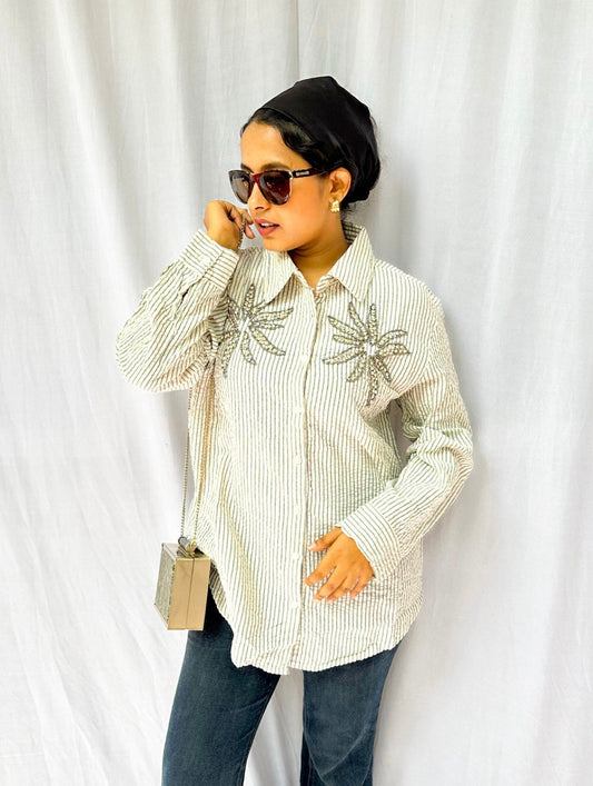 STRIPES TEXTURED COTTON SHIRT WITH EMBELLISHMENTS BESU INDIA