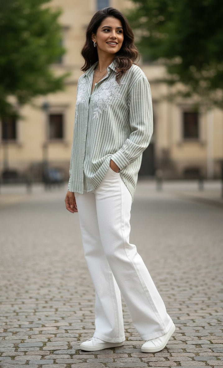 LIGHT SAGE GREEN AND WHITE STRIPED COTTON SHIRT BESU INDIA