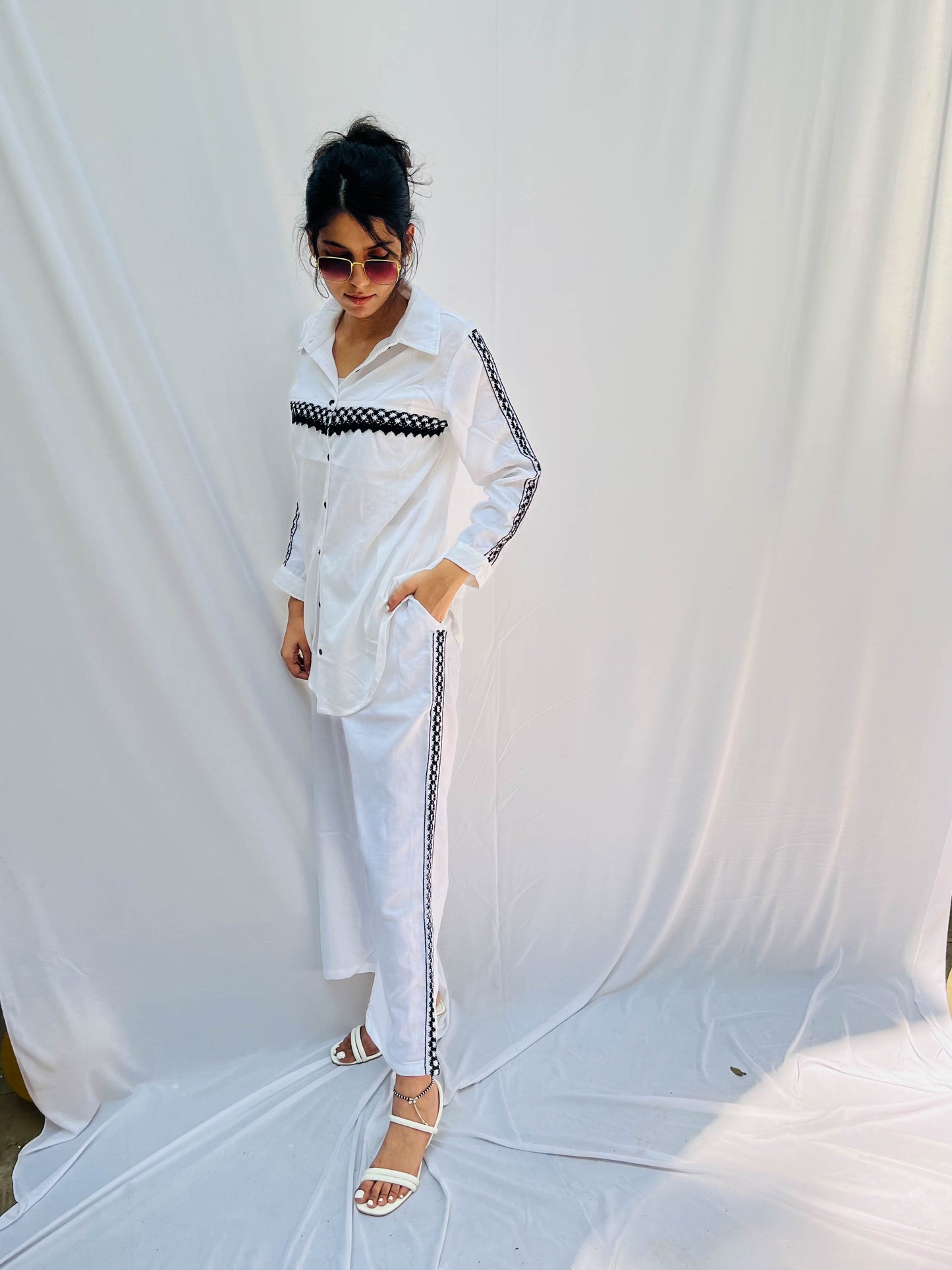 WHITE COTTON CO-ORD WITH BLACK LACE DETAILING BESU INDIA