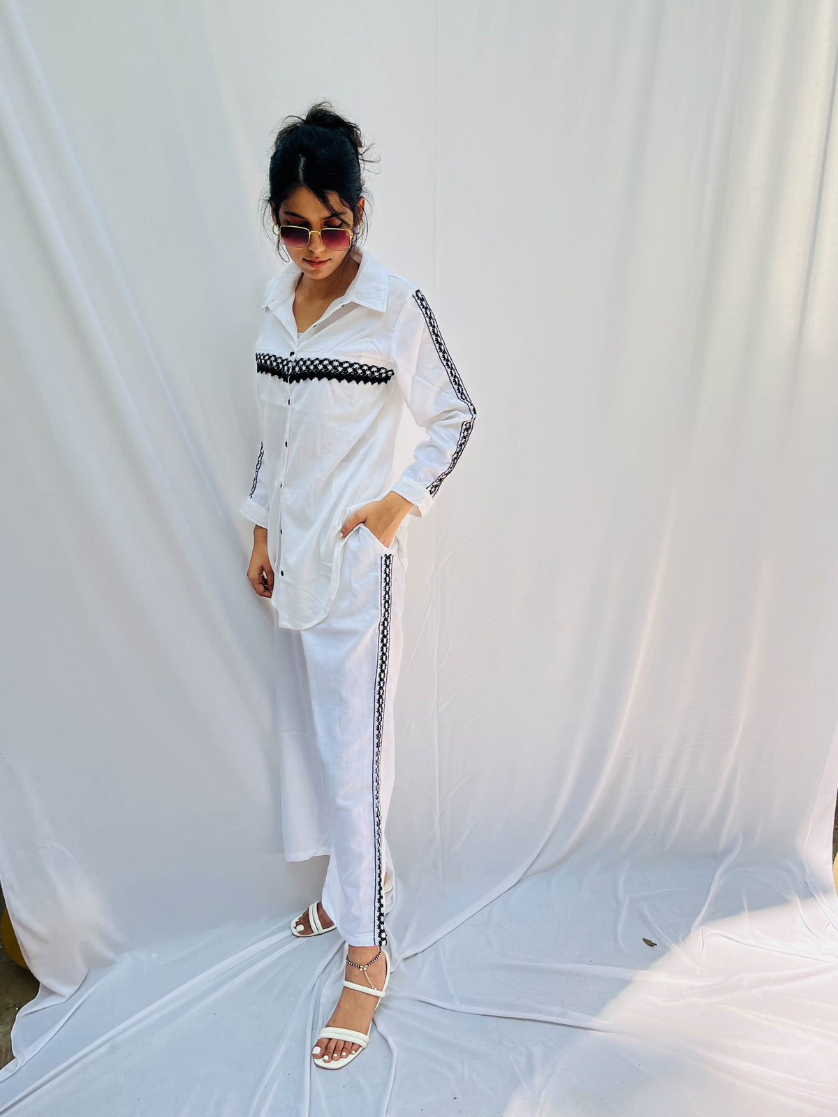 WHITE COTTON CO-ORD WITH BLACK LACE DETAILING BESU INDIA