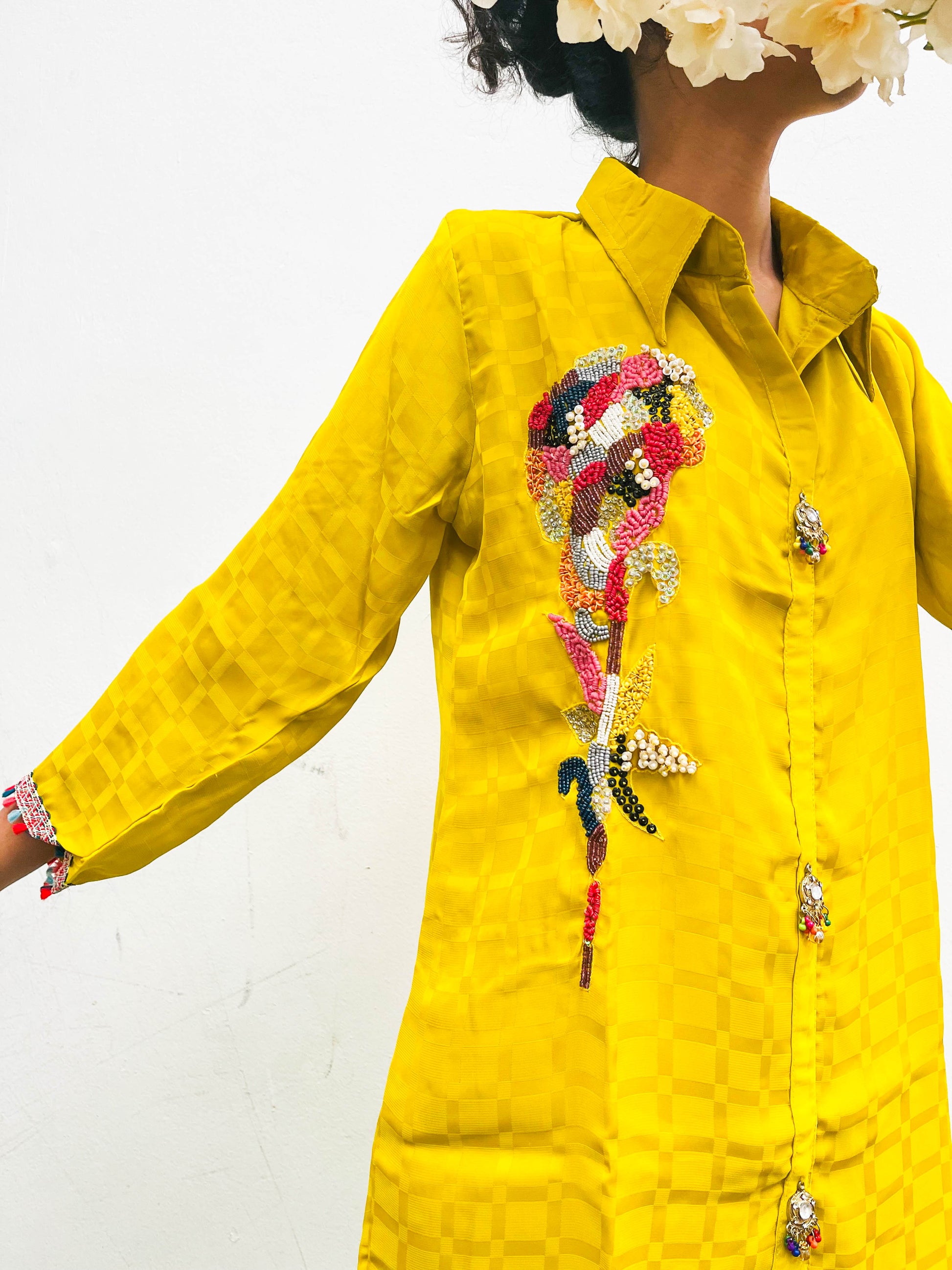 MUSTARD HAND MOTIF EMBROIDERED CREPE CO-ORD SET BESU INDIA