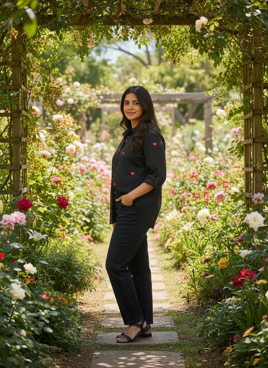 BLACK COTTON SHIRT WITH SEQUINS HEART EMBROIDERY BESU INDIA