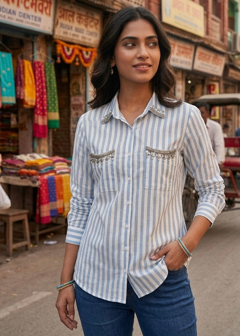 BLUE AND WHITE STRIPED SHIRT WITH EMBELLISHMENTS BESU INDIA