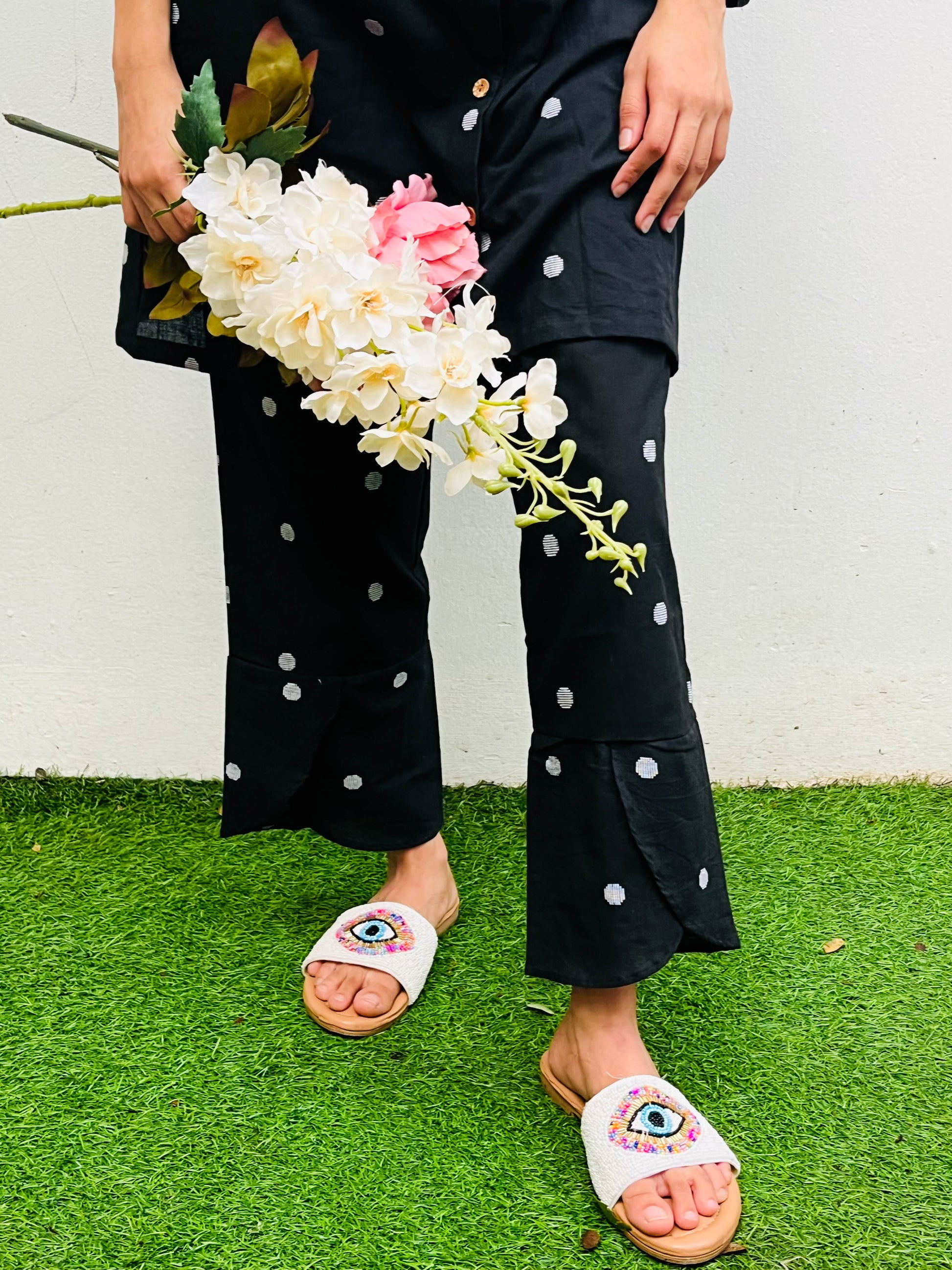 BLACK POLKA DOTTED COTTON CO-ORD KURTA SET BESU INDIA