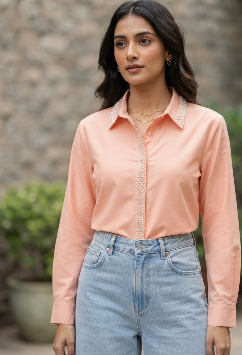 PEACH EMBELLISHED COTTON SHIRT BESU INDIA