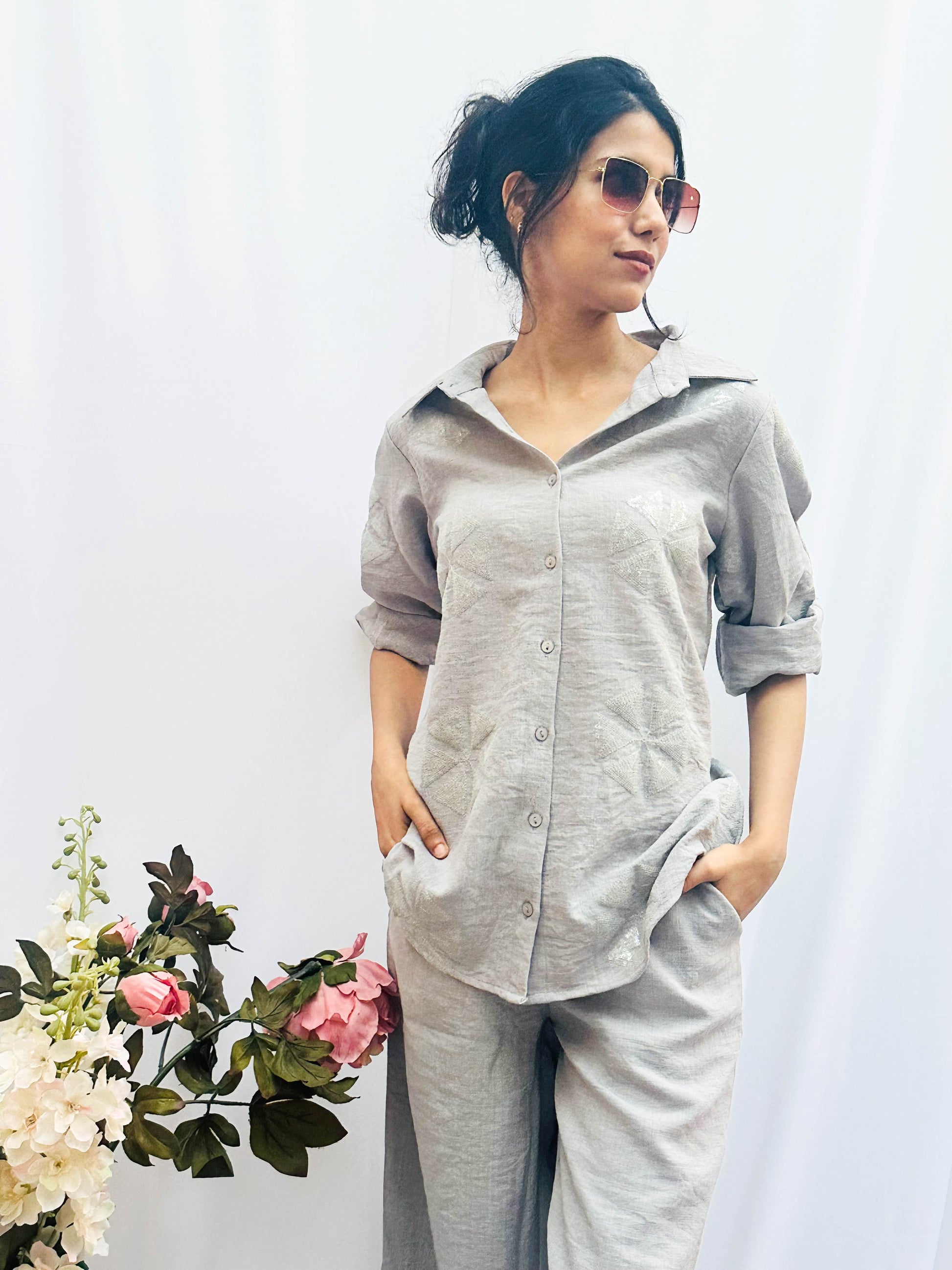 LIGHT GREY SEQUINS LINEN CO-ORD BESU INDIA