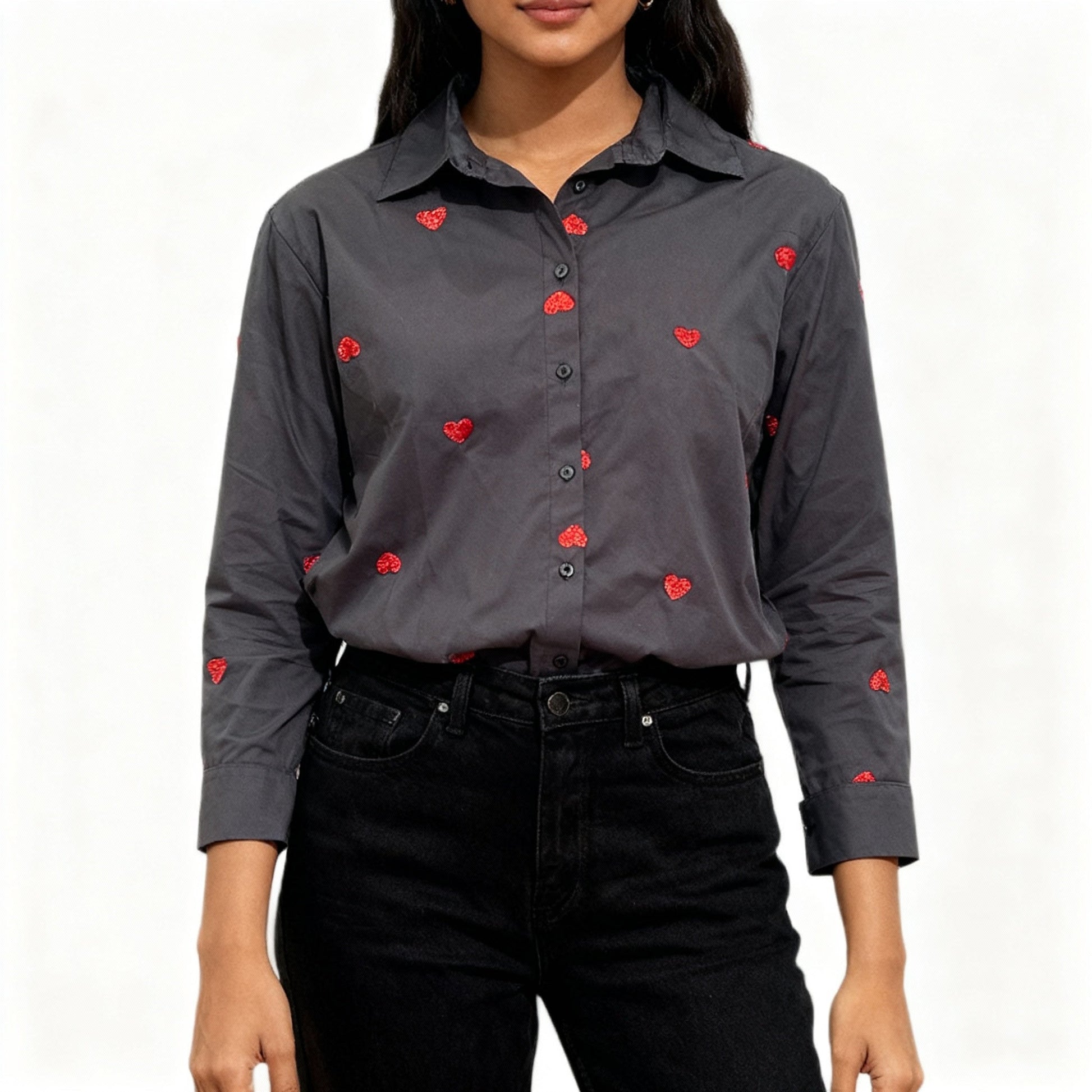 BLACK COTTON SHIRT WITH SEQUINS HEART EMBROIDERY BESU INDIA