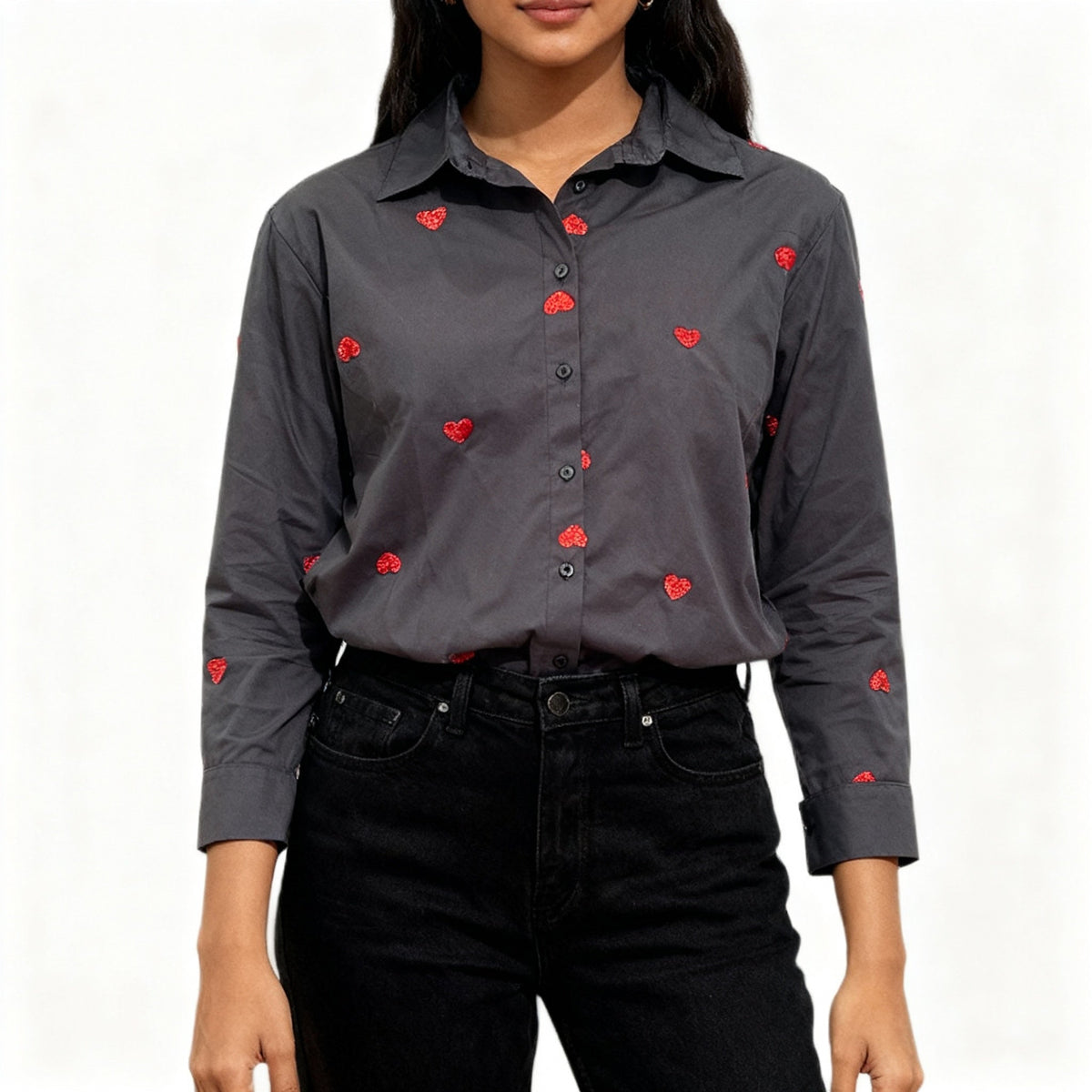BLACK COTTON SHIRT WITH SEQUINS HEART EMBROIDERY BESU INDIA