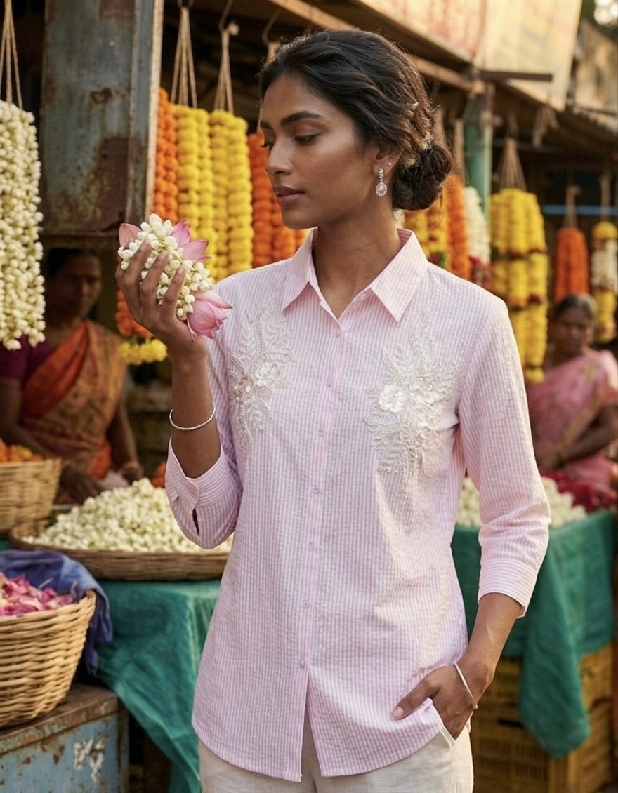 PINK AND WHITE STRIPED SHIRT WITH FLORAL EMBROIDERY BESU INDIA