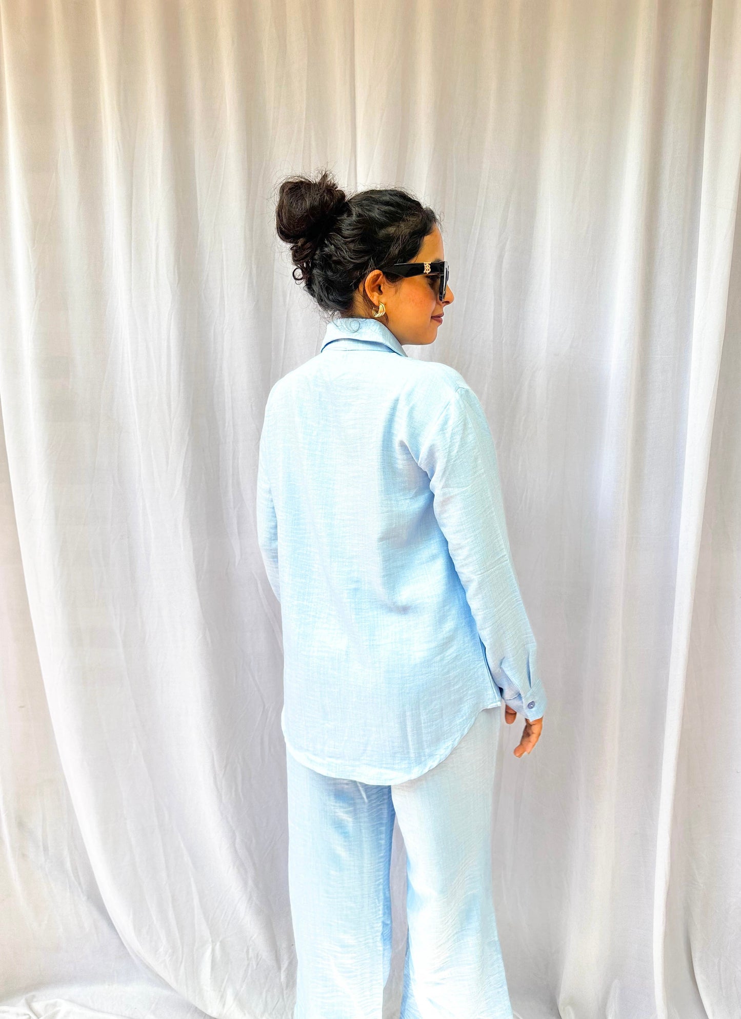 BLUE SOFT COTTON LINEN CO-ORDS WITH PATCHWORK WHITE SEQUINS EMBROIDERY BESU INDIA