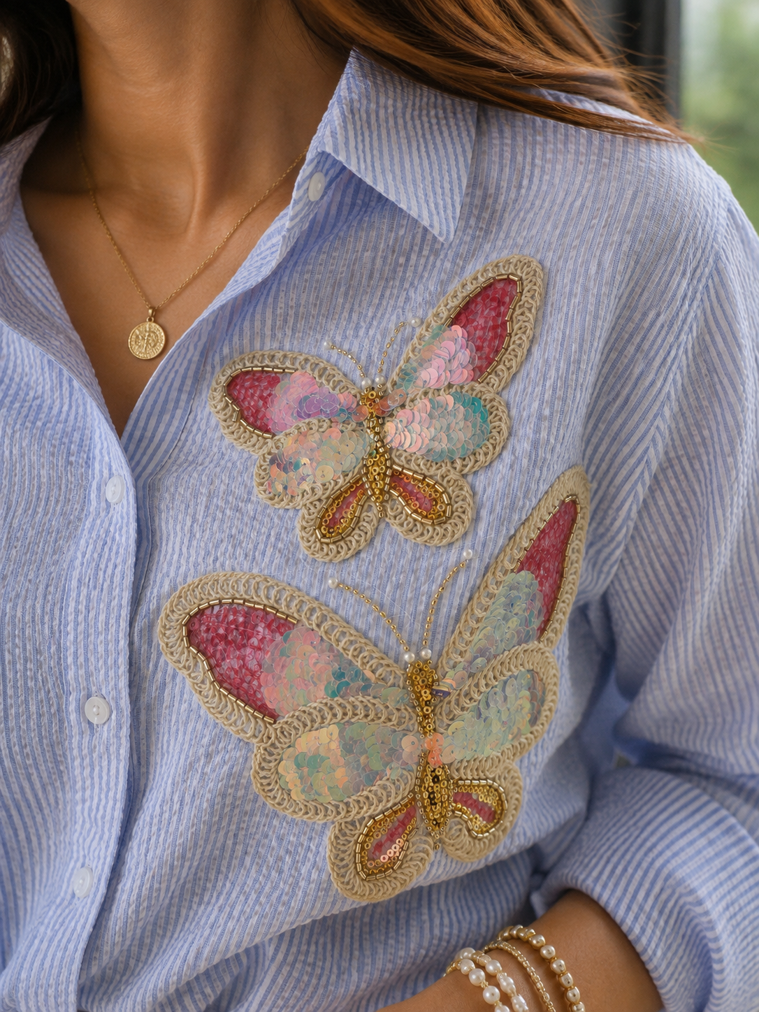 THE DARK BLUE STRIPED BUTTERFLY EMBROIDERED SHIRT BESU INDIA