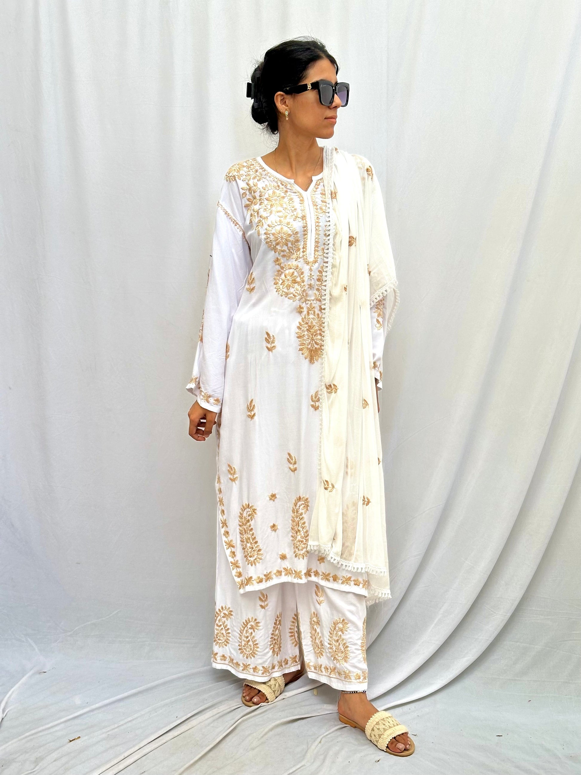 BEIGE AND WHITE CHIKANKARI FULL SET BESU INDIA
