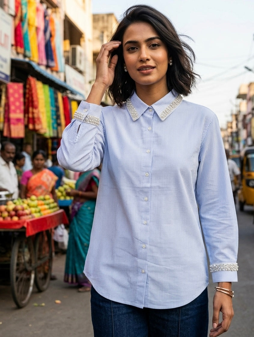 CLASSIC BLUE AND WHITE STRIPED SHIRT WITH PEARL ACCENTS BESU INDIA