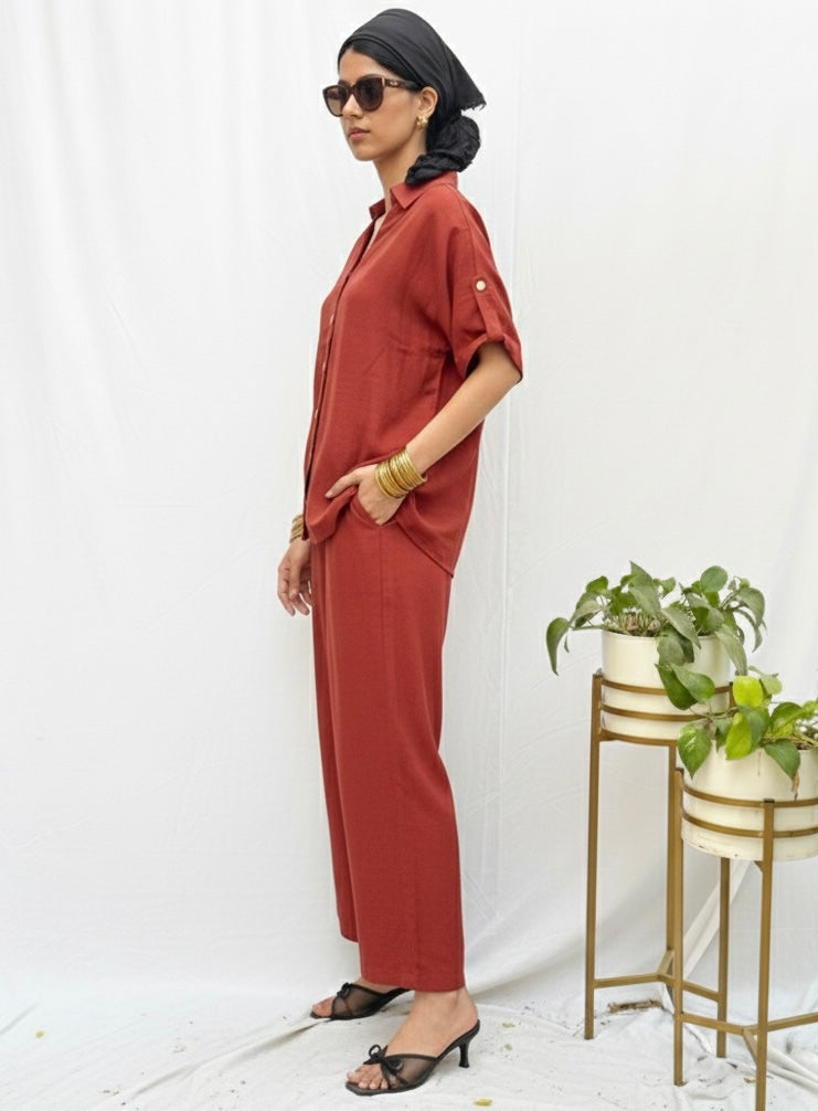 DEEP BURNT ORANGE CO-ORD SET WITH GOLD BUTTONS BESU INDIA