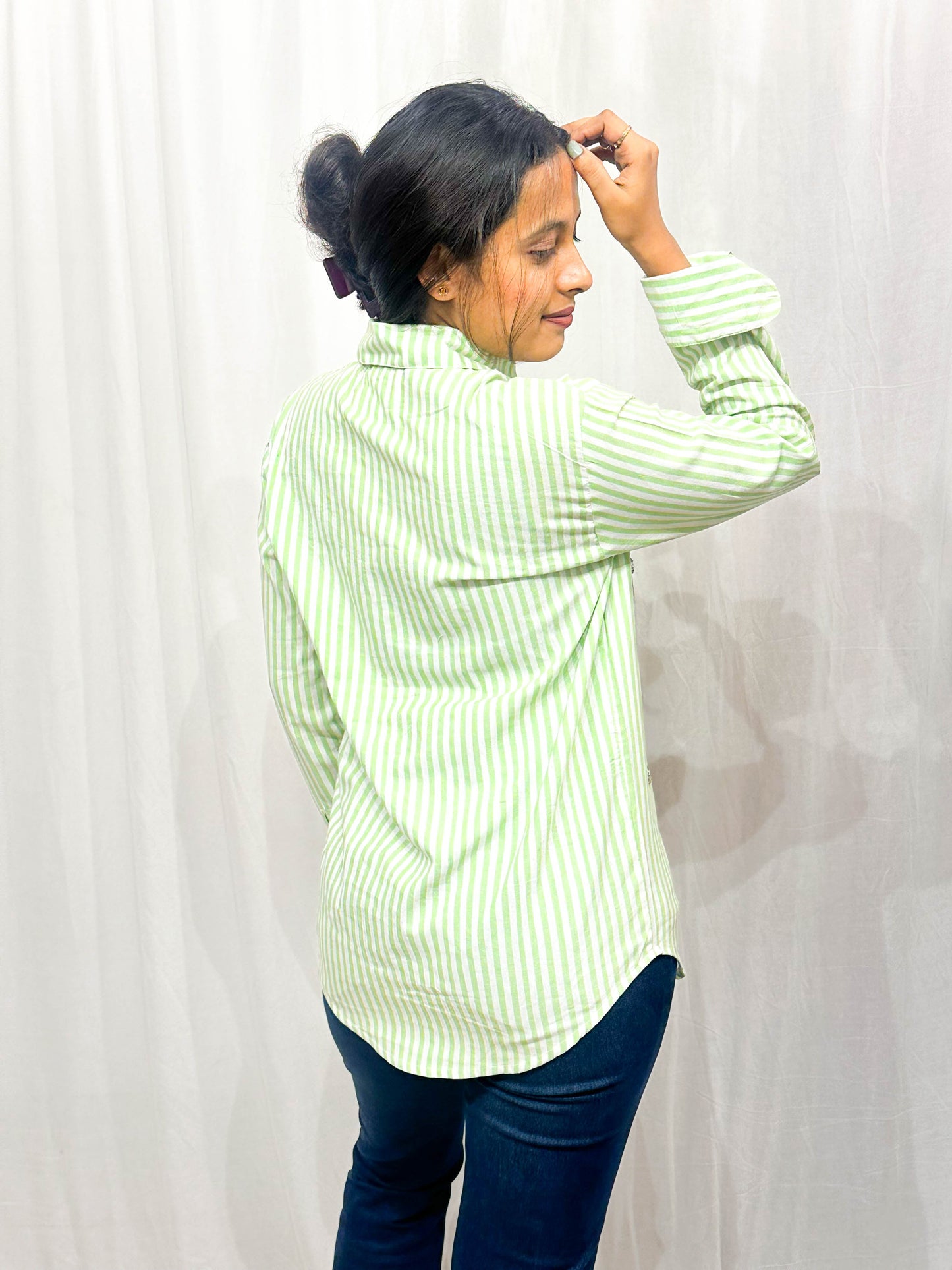 LIGHT GREEN STRIPED EMBELLISHED COTTON SHIRT BESU INDIA