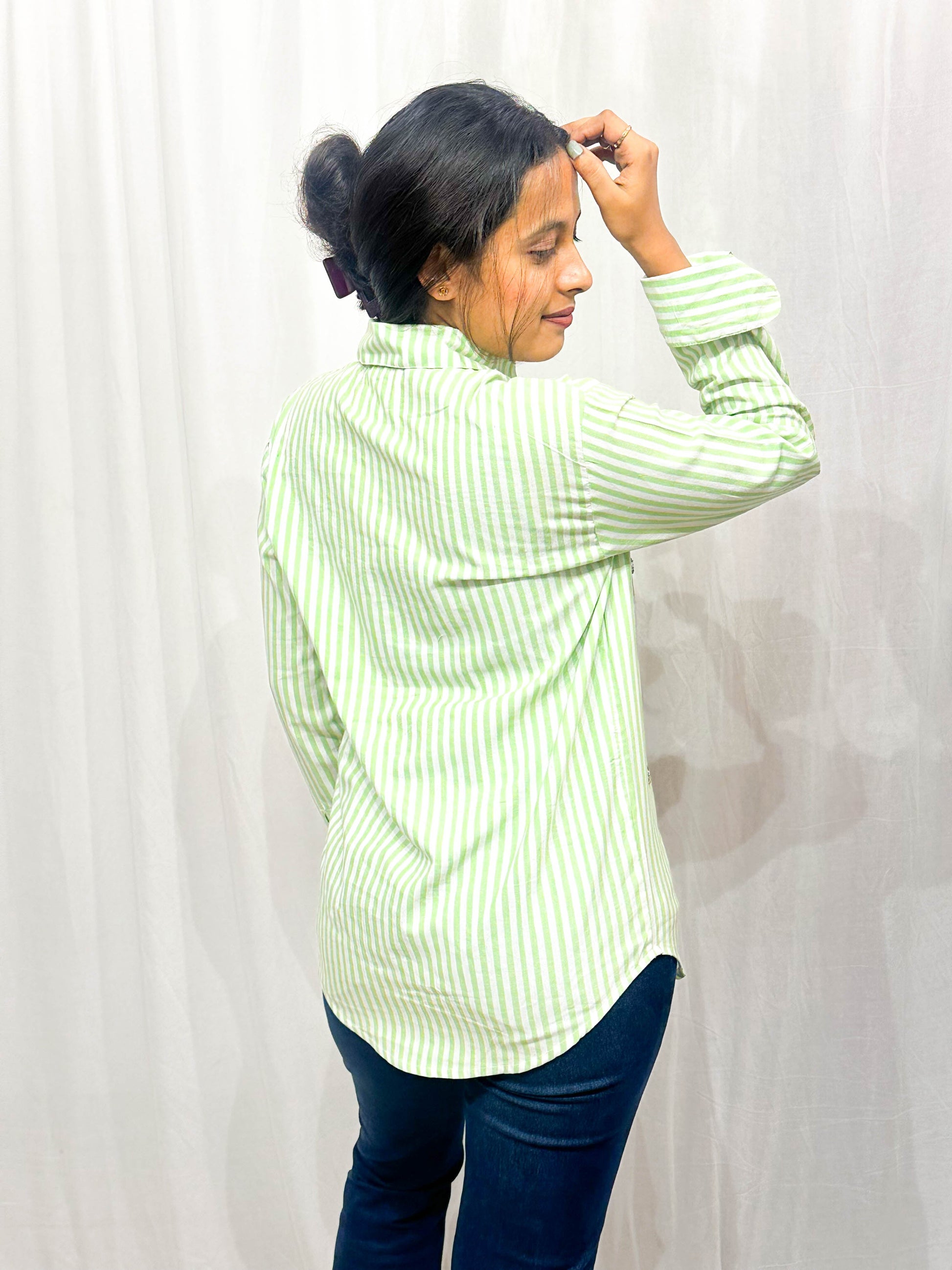 LIGHT GREEN STRIPED EMBELLISHED COTTON SHIRT BESU INDIA
