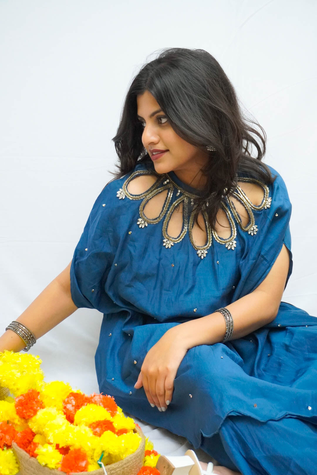 SULPHATE BLUE EMBROIDERED CAPE SET BESU INDIA