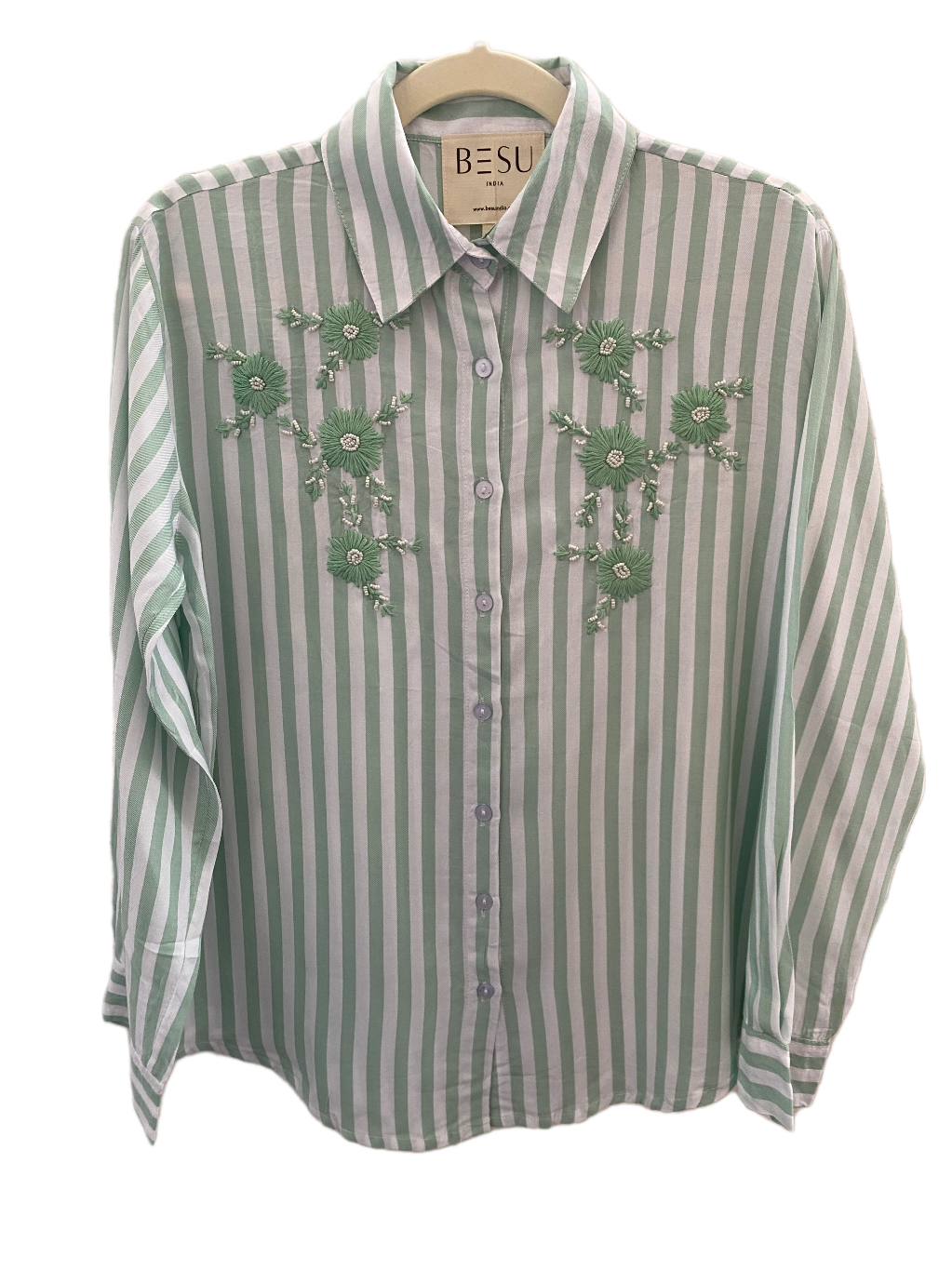 MINT GREEN STRIPED SHIRT WITH FLORAL EMBROIDERY BESU INDIA