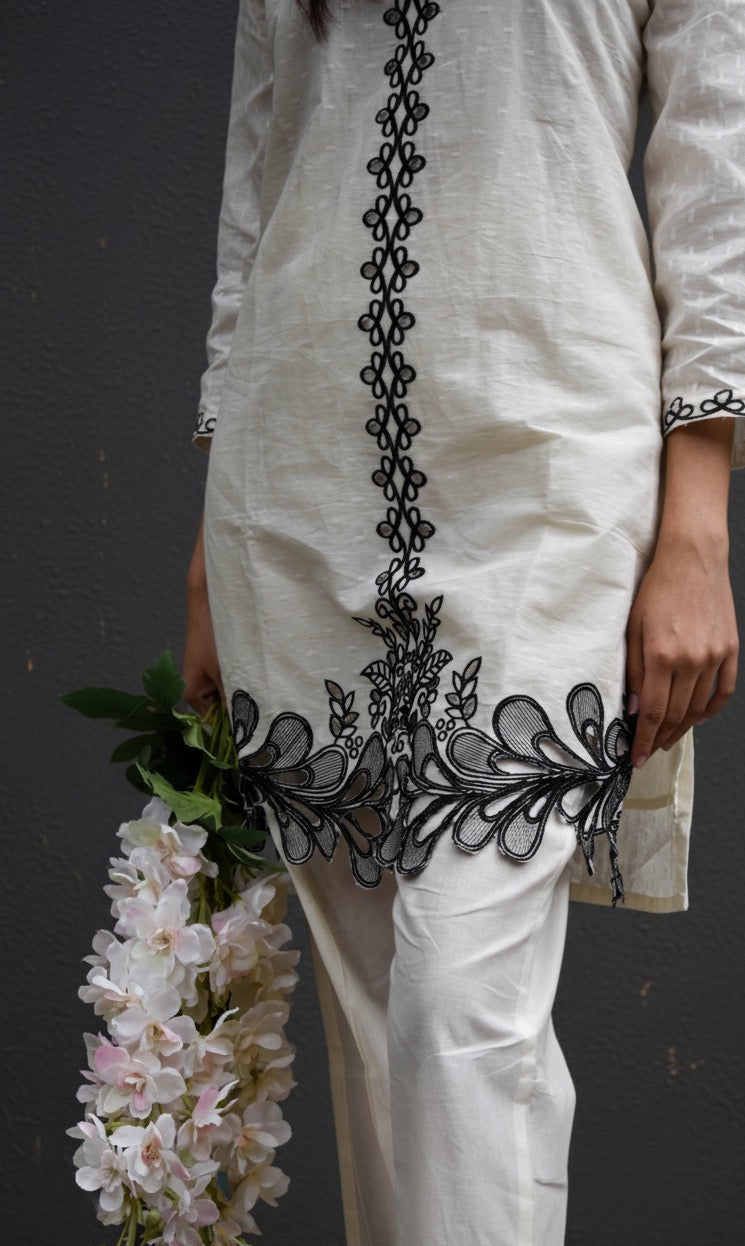 OFF WHITE COTTON KURTA SET WITH BLACK THREAD WORK AND CUT WORK BESU INDIA