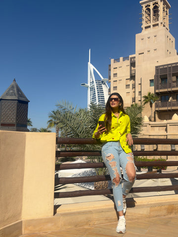 ACTOR NIMIKA RATNAKAR IN OUR NEON GREEN HEART EMBROIDERED SHIRT