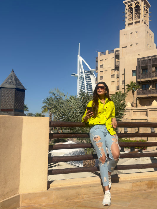 ACTOR NIMIKA RATNAKAR IN OUR NEON GREEN HEART EMBROIDERED SHIRT