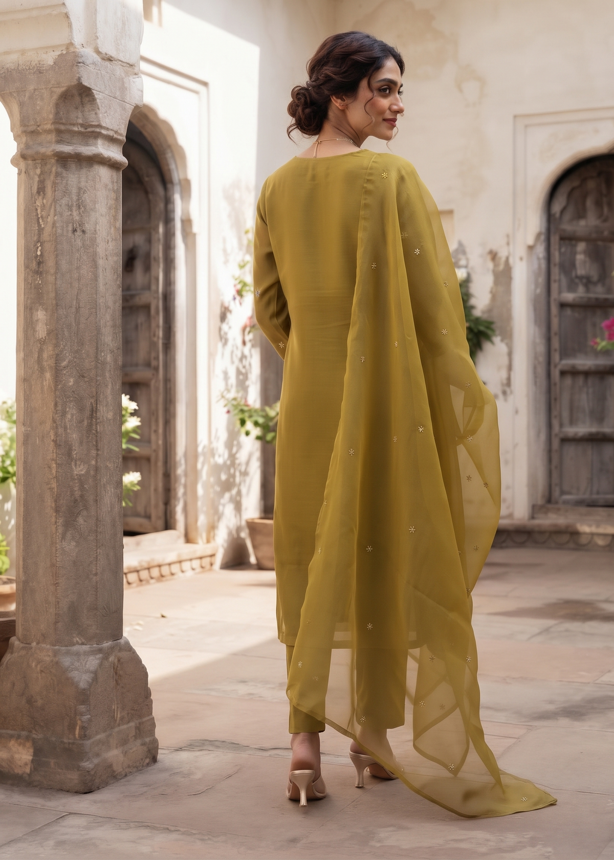 OLIVE FLORAL EMBROIDERED V-NECK KURTA SET BESU INDIA