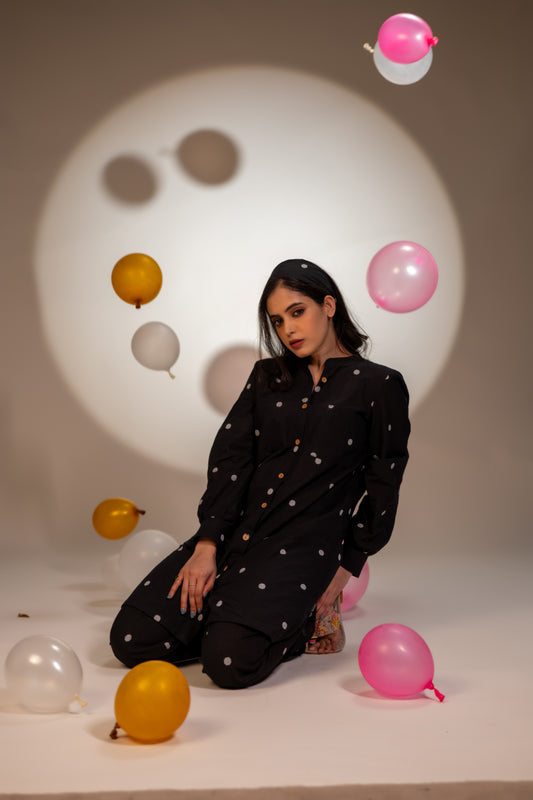 BLACK POLKA DOTTED COTTON CO-ORD KURTA SET BESU INDIA