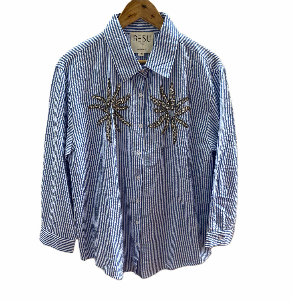 BLUE STRIPED SHIRT WITH HAND EMBELLISHMENTS COTTON SHIRT BESU INDIA