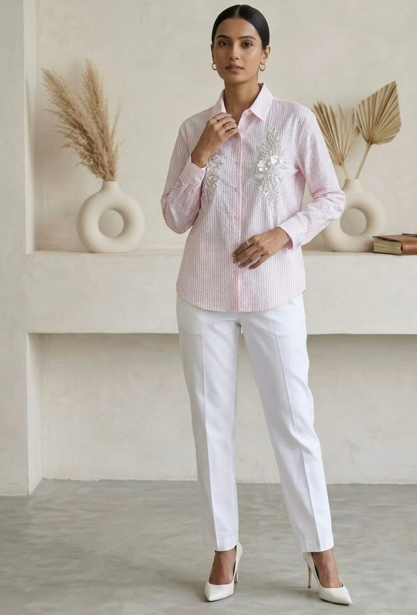 PINK AND WHITE STRIPED SHIRT WITH FLORAL EMBROIDERY BESU INDIA