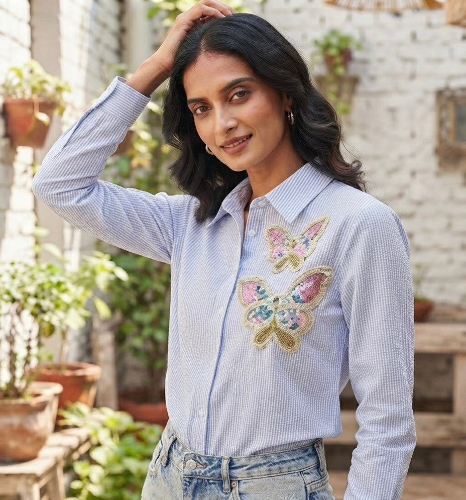 THE BLUE BUTTERFLY SEQUINED STRIPE SHIRT BESU INDIA