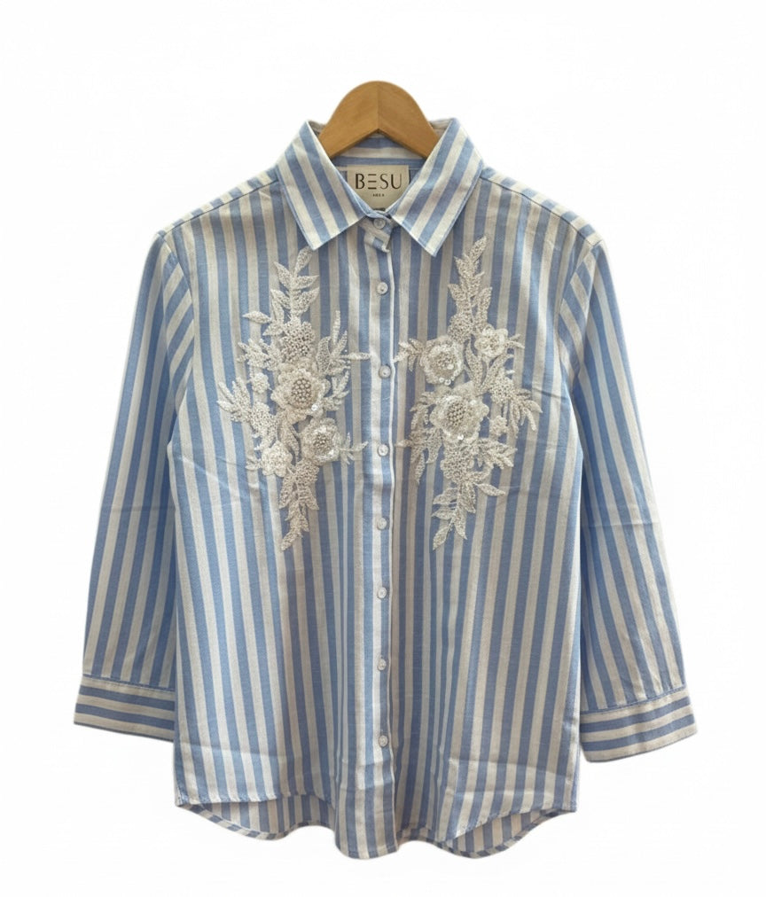 BLUE AND WHITE STRIPED SHIRT WITH SEQUINS EMBROIDERY BESU INDIA