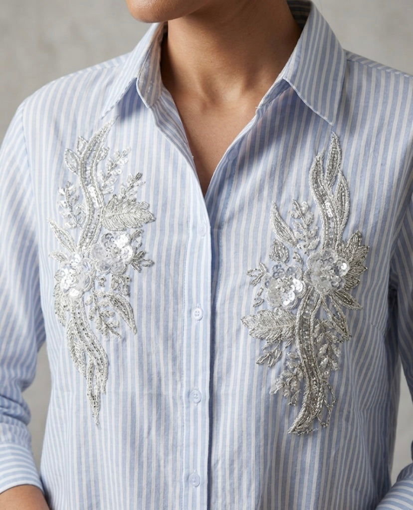 BLUE AND WHITE STRIPED SHIRT WITH EMBROIDERY BESU INDIA