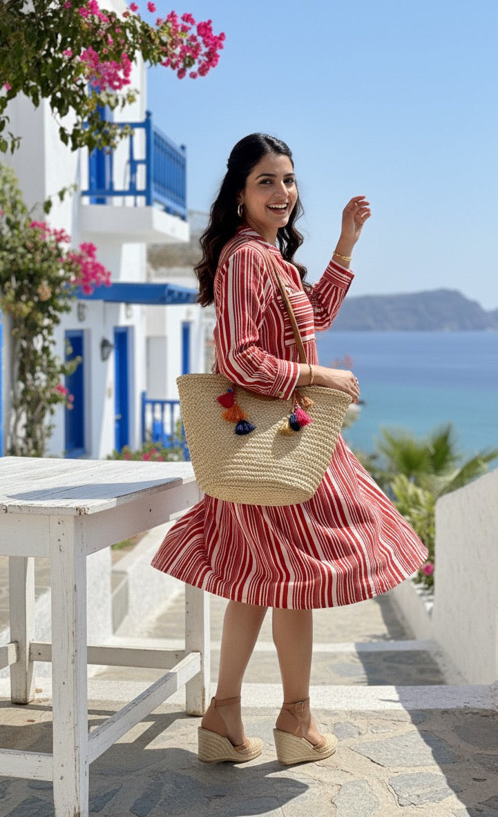 RED AND WHITE STRIPE PATTERN COTTON DRESS BESU INDIA